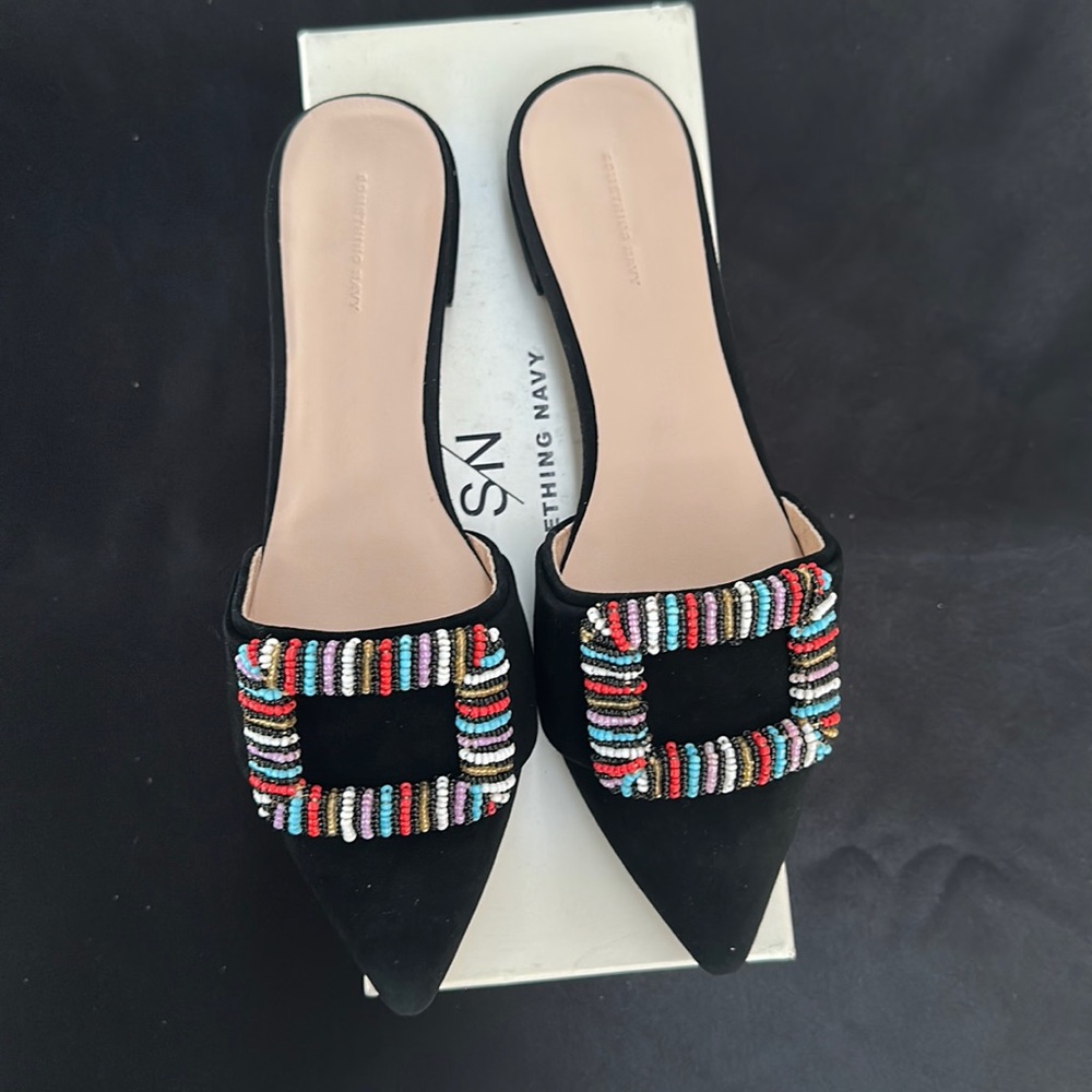 Something Navy Black Suede Snportia-Lea Slides Brand New Size 7.5 with dust bag